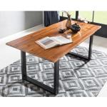 120 cm Baumkanten Tisch in Cognac Braun lackiert Akazie Massivholz und Metall