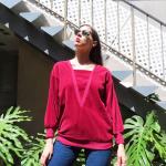 Dunkelrosa Vintage Langärmelige V-Ausschnitt Damensweatshirts aus Samt Größe XL Petite 