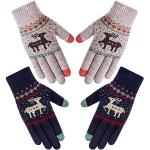 Reduzierte Dunkelblaue Strick-Handschuhe mit Hirsch-Motiv aus Fleece für Damen Einheitsgröße 2-teilig 