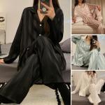 Schwarze Gestreifte Elegante Pyjamas lang aus Satin für Damen Große Größen 2-teilig für den für den Sommer 
