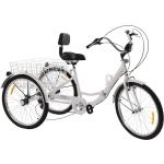 24 Zoll Klapprad Dreirad für Erwachsene mit Wasserbecherhalter & Scheinwerfer und Einkaufskorb (Weiß)