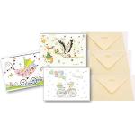 3 Glückwunschkarten zur Geburt - hochwertige Umschlag-Karten von Turnowsky, mit Klapperstorch, Kinderwagen und Baby-Fahrrad