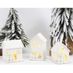 Weiße Skandinavische Lichthäuser & Weihnachtsdörfer aus Holz LED beleuchtet 3-teilig 