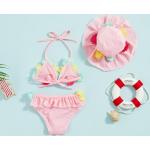 Rosa Blumenmuster Bikini-Tops für Kinder mit Rüschen ohne Verschluss für Mädchen 3-teilig 