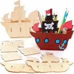 3 x Stiftehalter 'Piratenschiff' aus Holz, Basteln für Kinder