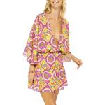 Reduzierte Bunte 3/4-ärmelige 4giveness Mini V-Ausschnitt Sommerkleider aus Polyester für Damen Größe M für den für den Sommer 