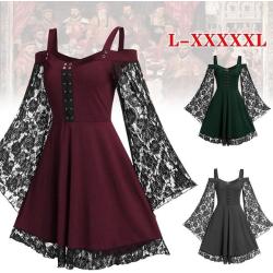 5XL 3 Farben Vintage Gothic Frauen Kleid Spitze Häkeln Flare Ärmel Vampir Hexe Kleider Mittelalterliche Renaissance Goth Cosplay