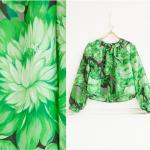 Grüne Blumenmuster Langärmelige Transparente Blusen & durchsichtige Blusen mit Puffärmeln aus Polyester für Damen Größe M 