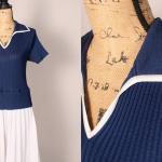 Blaue Vintage Plisseekleider für Damen Größe M 