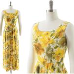 Braune Blumenmuster Vintage Maxi U-Ausschnitt Sommerkleider aus Baumwolle für Damen Größe L für den für den Sommer 