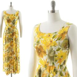 75 Dress Sale Vintage 1960Er 1970Er Jahre Sommerkleid | 60Er 70Er Gelb Geblümtes Maxi Kleid Aus Baumwolle Bedruckt