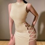Beige Sexy Maxi Bandage-Kleider & Bodycon-Kleider aus Spitze für Damen Größe L für Partys für den für den Sommer 