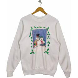 80Er Jahre Schneemann Raglan Sweatshirt Medium Vintage Oneita Winter Urlaub Pullover Crewneck Weihnachten Weiß Gr. M