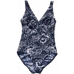 90S Vintage Retro Bademode Bodysuit Marine Blau Weiß Floral Muster Damen Ein Stück Schwimmen Badeanzug Kostüm Beachwear Festival Größe 38