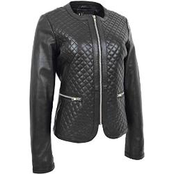 A1 FASHION GOODS Frauen Kragenlos Weiches Schwarz Leder Jacke Biker Stil Tailliert Gesteppter Stich Remi (XL - EU 42)