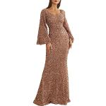 Goldene Bestickte Elegante Langärmelige Maxi V-Ausschnitt Lange Abendkleider aus Chiffon enganliegend für Damen Größe S für Brautjungfern für den für den Herbst 