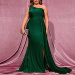 Dunkelgrüne Ärmellose SheIn Maxi Schulterfreie Lange Abendkleider aus Satin für Damen Größe 5 XL 