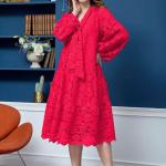 Rote Bestickte Elegante Langärmelige V-Ausschnitt Lange Abendkleider aus Spitze für Damen Größe 3 XL Große Größen für Partys für den für den Sommer 
