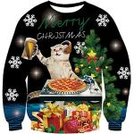 Langärmelige Rundhals-Ausschnitt Katzen-Shirts mit Katzenmotiv aus Polyester Handwäsche für Herren Größe M Weihnachten 
