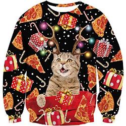 AIDEAONE Unisex Herren Damen Weihnachten Lustiges Sweatshirt 3D Katze Rundhals Pullover, M