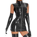Schwarze Lack-Optik Sexy Langärmelige Mini Stehkragen Bandage-Kleider & Bodycon-Kleider aus Leder für Damen Größe M 