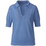 Blaue Waschbär Nachhaltige V-Ausschnitt Strickshirts mit Puffärmeln aus Leinen für Damen Größe L 