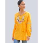 Reduzierte Gelbe Unifarbene Langärmelige Alba Moda V-Ausschnitt Tunika-Blusen aus Baumwolle für Damen Größe L 