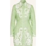 Reduzierte Mintgrüne Bestickte Langärmelige Leinenkleider mit Knopf aus Leinen für Damen Größe S für den für den Winter 