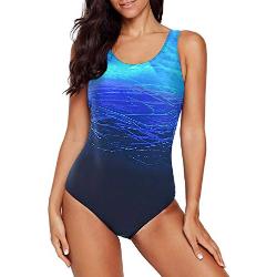 Aleumdr Badeanzug Damen Push up Bademode Schwimmanzug Bauchweg Farbverlauf Figurformenden Effekten Rückenfrei Bandeau S-XL, Blau, Large (EU38-EU40)