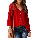 Rote Unifarbene Vintage Langärmelige T-Shirts aus Chiffon für Damen Größe S 