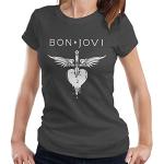 Anthrazitfarbene Bon Jovi T-Shirts für Damen Größe L 