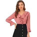 Dunkelrosa Vintage Langärmelige Allegra K V-Ausschnitt Festliche Blusen mit Rüschen aus Chiffon für Damen Größe XS 