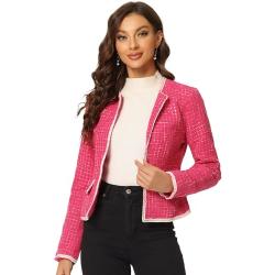 Allegra K Damen Plaid Tweed Blazer Langarm Offene Vorderseite Arbeit Büro Kurze Jacke, Knallpink (Hot Pink), S