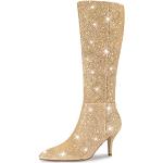 Goldene Allegra K Spitze Pfennigabsatz High-Heel Stiefel mit Glitzer mit Reißverschluss aus Gummi leicht für Damen Größe 42,5 