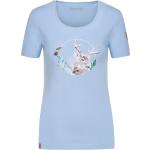 Hellblaue Bestickte Kurzärmelige Almgwand T-Shirts mit Hirsch-Motiv aus Baumwolle für Damen Größe XL für den für den Sommer 