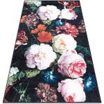 Schwarze Blumenmuster Vintage Teppiche aus Textil maschinenwaschbar 