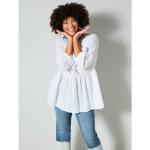 Weiße Unifarbene 3/4-ärmelige Angel of Style V-Ausschnitt Tunika-Blusen mit Knopf aus Baumwolle für Damen Größe XL Große Größen 