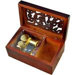 Antike, gravierte hölzerne Spieluhr zum Aufziehen, Lilium von Elfen, Spieluhr mit vergoldetem Uhrwerk innen, rechteckig