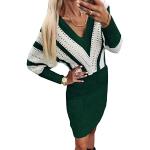 AOISAGULA Damen Pulloverkleid V-Ausschnitt Strickkleid Winter Langarm Mini Bodycon Colorblock Kleider Herbst Grün XL
