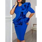 Blaue Casual Halblangärmelige Schößchen-Kleider mit Rüschen aus Polyester für Damen Größe 4 XL für Partys 