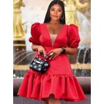 Rote Midi V-Ausschnitt Kurze Abendkleider mit Puffärmeln mit Reißverschluss aus Polyester für Damen Größe 4 XL für Partys 