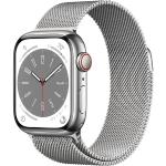 Silberne Apple Watch Series 8 Armbanduhren aus Edelstahl mit GPS mit Milanaise-Armband 