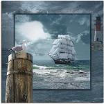 ARTland Leinwandbilder Wandbild Bild auf Leinwand 100x100 cm Wanddeko Meer Küste Maritim Schiff Segelschiff Möwe Leuchtturm Sturm Wolken T6DA