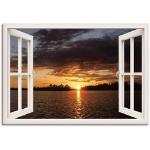 Leinwandbild ARTLAND "Sonnenuntergang am See, weißes Fenster" Bilder braun Leinwandbilder