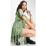 Grüne Kurzärmelige Asos Design Festliche Kleider mit Fransen aus Baumwolle für Damen Größe S 