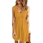 Reduzierte Gelbe Elegante Ärmellose V-Ausschnitt Sommerkleider mit Knopf für Damen Größe L für den für den Sommer 