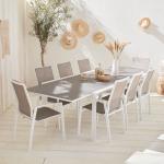 Ausziehbarer Tisch Gartengarnitur - Washington Taupe - Aluminiumtisch 200/300 cm, Milchglasplatte, ausziehbar 8 Sitze aus Textilene, Weiß