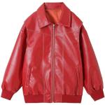 Rote Oversize Maxi Biker-Lederjacken mit Reißverschluss aus Leder für Damen Größe M für den für den Herbst 
