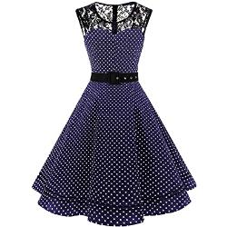AXOE Damen 50er Jahre Kleid Retro Gepunktetes mit Gürtel Elegant Abendkleid Navy Gr.36, M