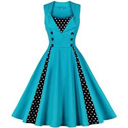 AXOE Damen Retro Kleid 50er Jahre A Linien Knielang Sommerkleid Festkleid Turquoise mit Gepunktet, Gr.44, 3XL
